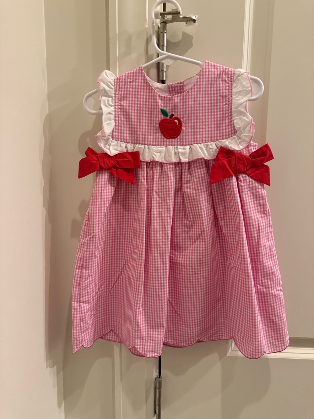 Classic Whimsy Pink Gingham Dress with Apple Appliqué